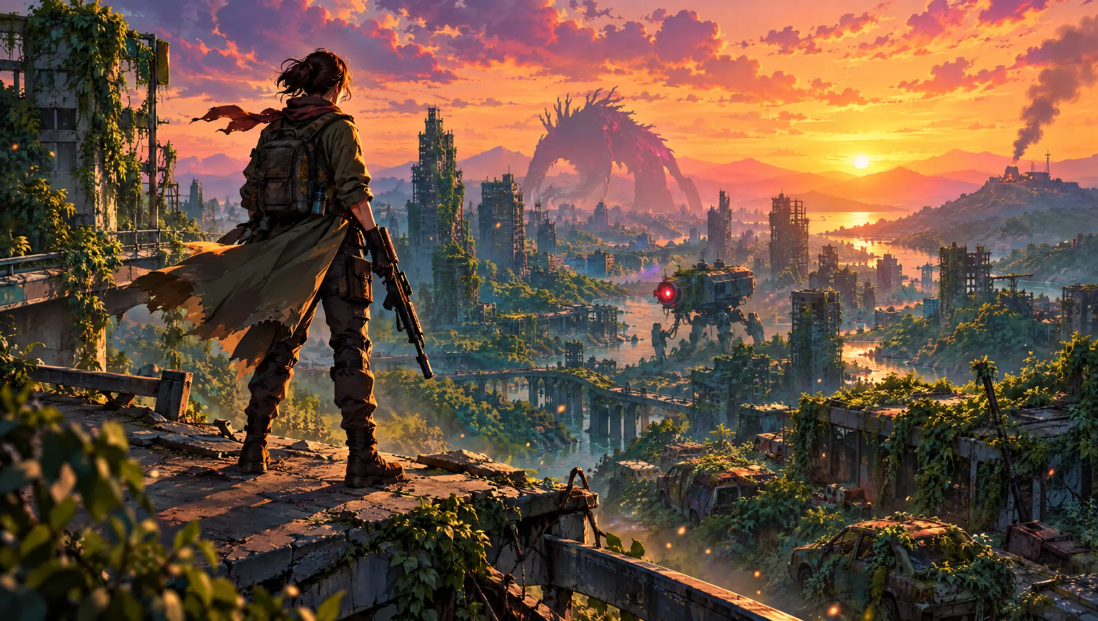 Last Signal concept art: a lone survivor with a rifle overlooks an overgrown ruined city at sunset